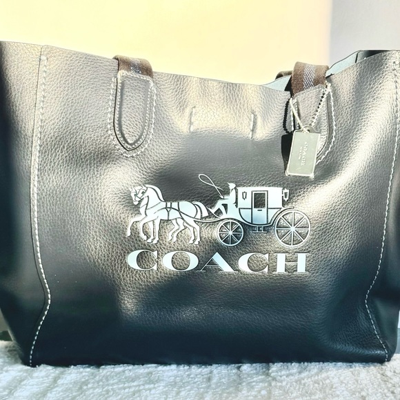 NWT COACH DERBY LEATHER TOTE WITH HORSE AND CARRIAGE SILVER/NAVY SHOULDER BAG - Picture 6 of 7